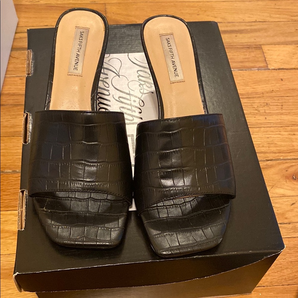 Saks Fifth Avenue Black Croc-Embossed Mules